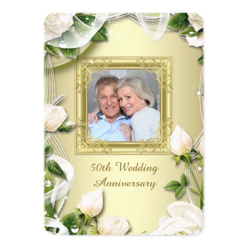 Gold Rose Photo 50th Wedding Anniversary Party Card