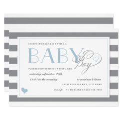 Gray & White Stripe Light Blue Boys Baby Shower Card