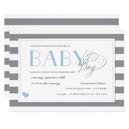 Gray & White Stripe Light Blue Boys Baby Shower Card
