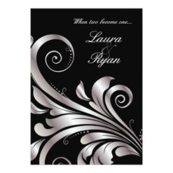 Leaf Swirl Wedding Invitation Black Silver