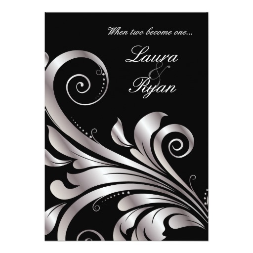Leaf Swirl Wedding Invitation Black Silver
