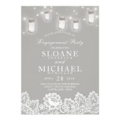 Mason Jar String Lights Lace Gray Engagement Party Card