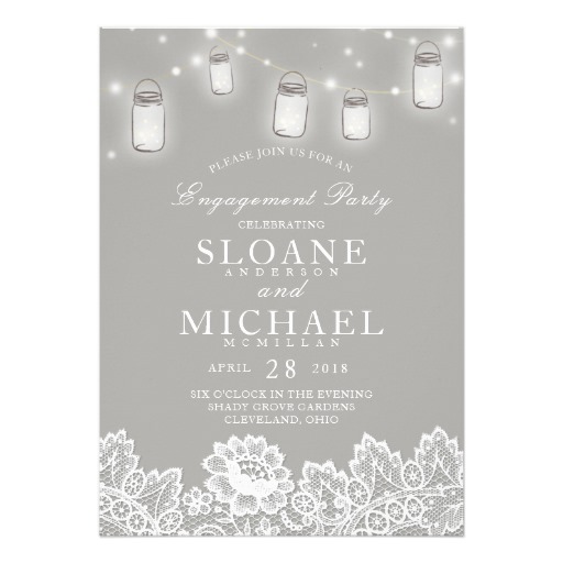Mason Jar String Lights Lace Gray Engagement Party Card
