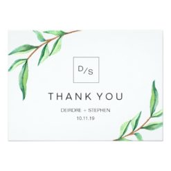 Minimalist Green Leaves | Thank You with Monograms Card
