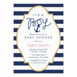Navy Blue Anchor Nautical Stripes Boy Baby Shower Card