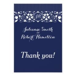 Navy Blue an White Lace Monogram Wedding Thank You Card