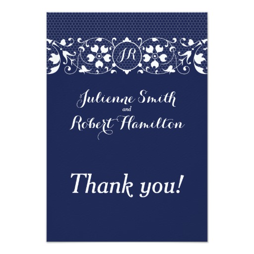 Navy Blue an White Lace Monogram Wedding Thank You Card