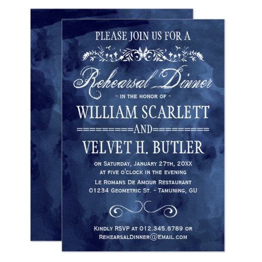 Navy Watercolor Bohemian Rehearsal Dinner Card