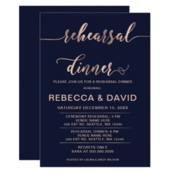 Navy and Rose Gold Elegant Script Rehearsal Dinner Card
