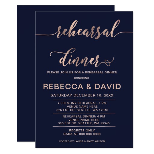 Navy and Rose Gold Elegant Script Rehearsal Dinner Card