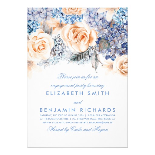Peach and Blue Floral Watercolors Engagement Party Card