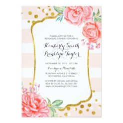 Pink Floral Stripes Gold Confetti Rehearsal Dinner Card