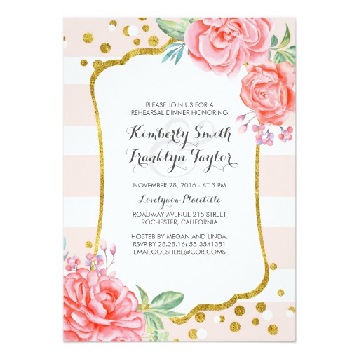 Pink Floral Stripes Gold Confetti Rehearsal Dinner Card