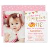 Pink Gold Glitter Pumpkin Baby 1st Birthday Photo Card