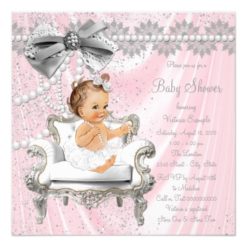 Pink Gray Satin Pearl Chair Baby Shower Card
