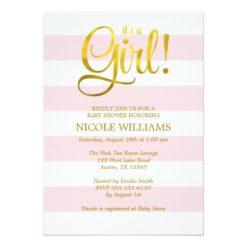 Pink and Faux Gold Stripes Girl Baby Shower Card