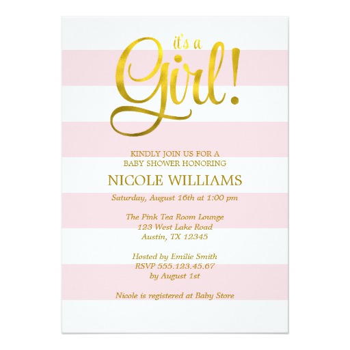 Pink and Faux Gold Stripes Girl Baby Shower Card