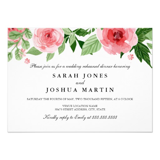 Rose Watercolor Flowers Rehearsal Dinner Invite