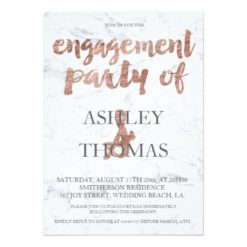 Rose gold typography marble engagement party 2 card