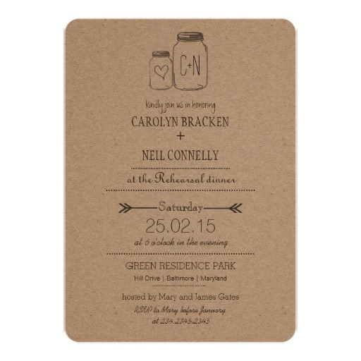 Rustic Masonjar Monogram Heart Rehearsal Dinner Card