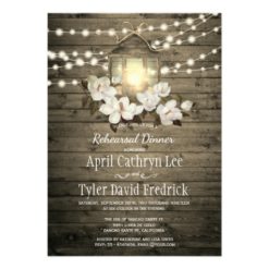 Rustic Wood Floral Lantern Lights Rehearsal Dinner Card