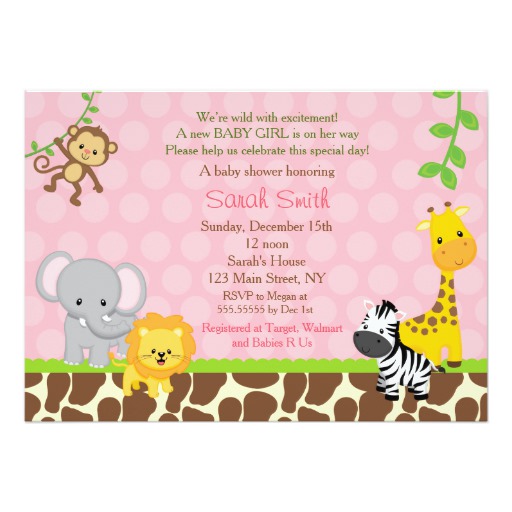 Safari Jungle Animals Baby Shower Invitations Girl