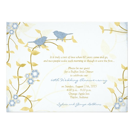 Song Birds Blue Gold Diamond Wedding Anniversary Card