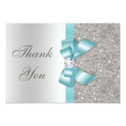 Teal Faux Bow Silver Diamonds Thank You Card