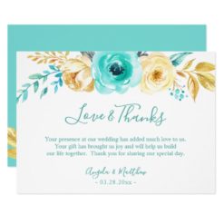 Turquoise Gold Botanical Floral Wedding Thank You Card