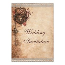 Vintage Hearts Lock and Key Wedding Invitation Card