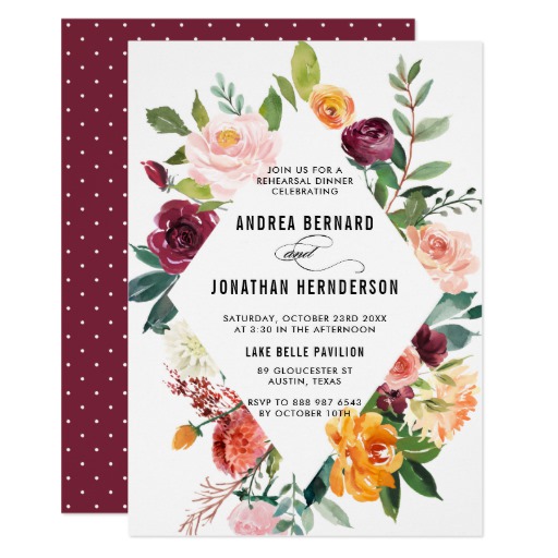 Watercolor Autumn Blooms Floral Rehearsal Dinner Card