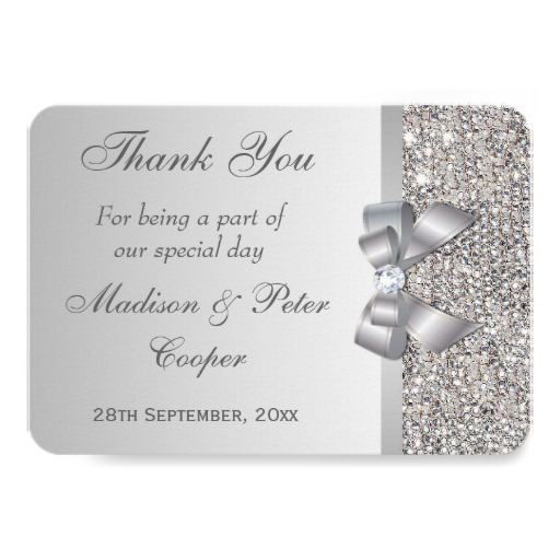Wedding Faux Silver Sequins Bow Thank You Card - Image 2