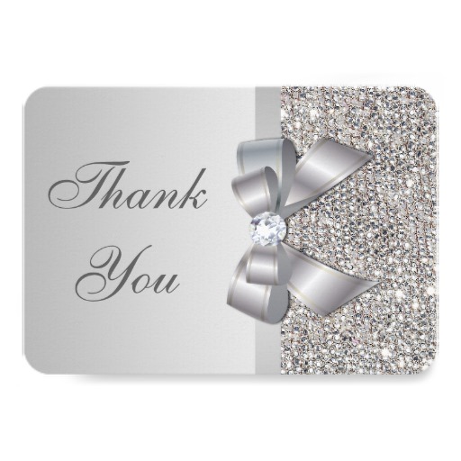 Wedding Faux Silver Sequins Bow Thank You Card