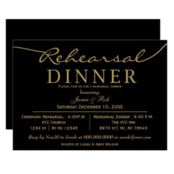 black gold Elegant Script Rehearsal Dinner Invites