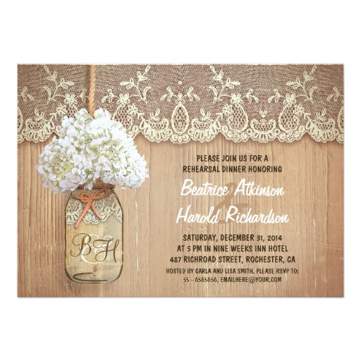 rustic mason jar white hydrangea rehearsal dinner card