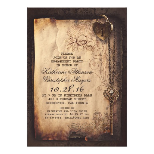 skeleton key heart lock engagement party invite