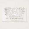Elegant Faux Silver Leaves On White Marble Business Card