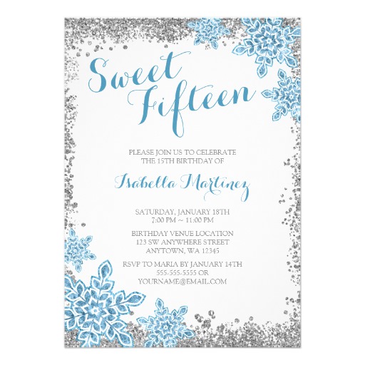 Sweet 15 Glam Winter Wonderland Silver Blue Invite
