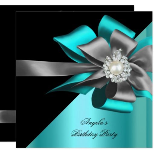 Teal Black Grey Silver Bow Pearl Birthday Party Card